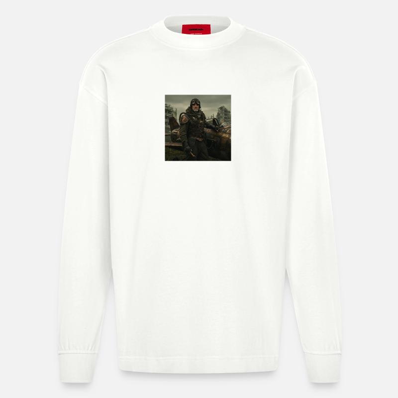 Steampunk-Pilot auf postapokalyptischen Ruinen - Heavyweight Oversized Organic Langarmshirt Made in EU - OFF WHITE