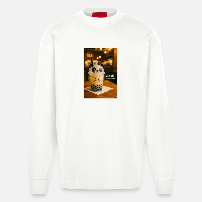Panda Bubble Tea Cup Illustration - Heavyweight Oversized Organic Langarmshirt Made in EU - OFF WHITE