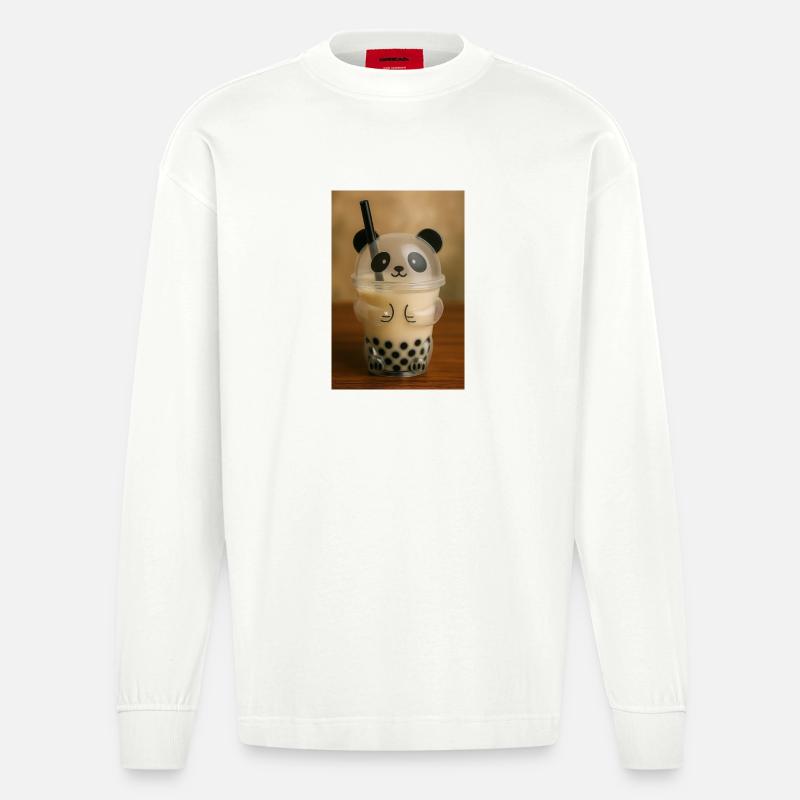 Panda Bubble Tea Cup Grafik - Heavyweight Oversized Organic Langarmshirt Made in EU - OFF WHITE