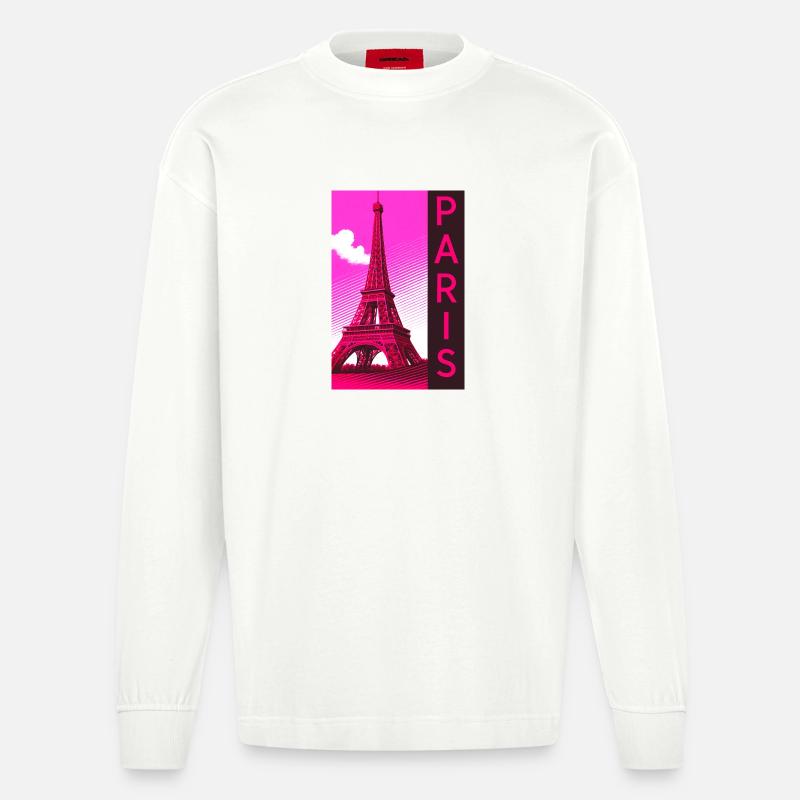 Paris Pink Eiffel Turm Retro - Heavyweight Oversized Organic Langarmshirt Made in EU - OFF WHITE