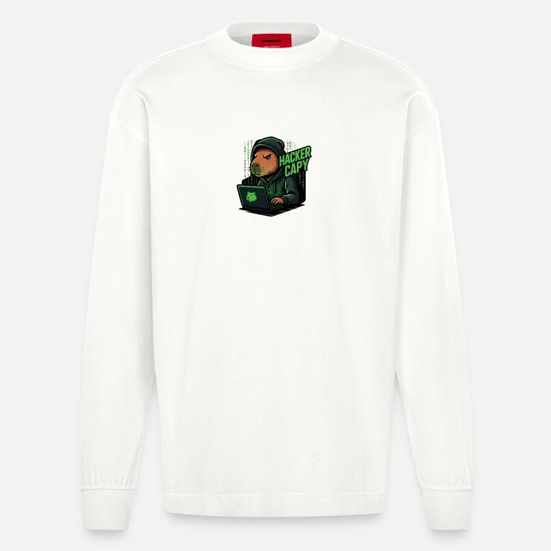 Hacker Capy – Cyber Capybara Tech - Heavyweight Oversized Organic Longsleeve Shirt Made in EU - OFF WHITE