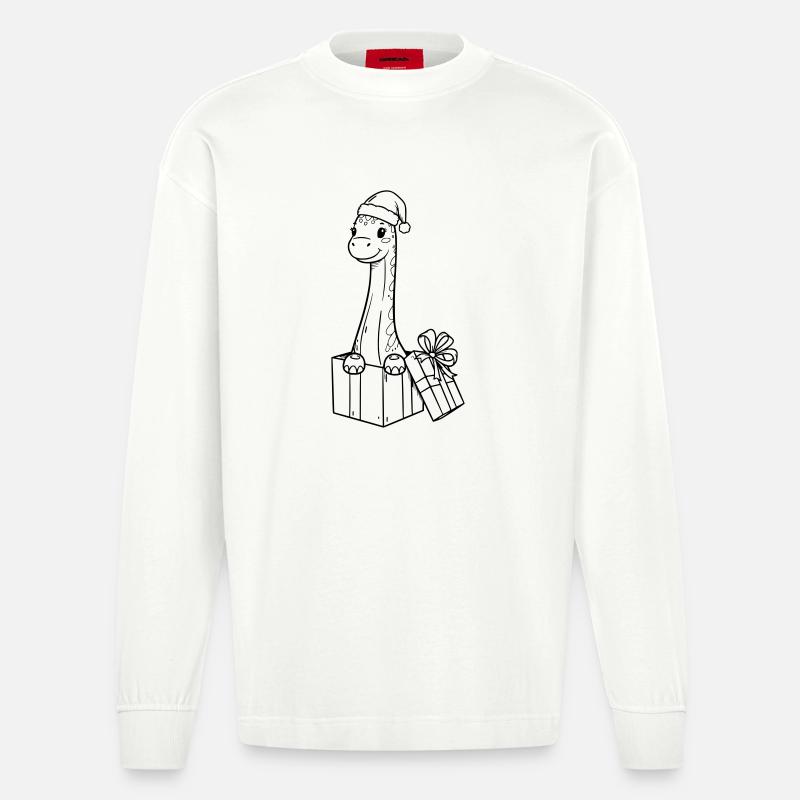 Weihnachts-Giraffe mit Geschenken Illustration - Heavyweight Oversized Organic Langarmshirt Made in EU - OFF WHITE