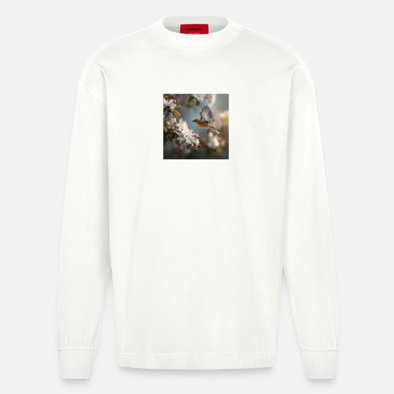 Frühlingssperling im Blütenflug - Heavyweight Oversized Organic Langarmshirt Made in EU - OFF WHITE