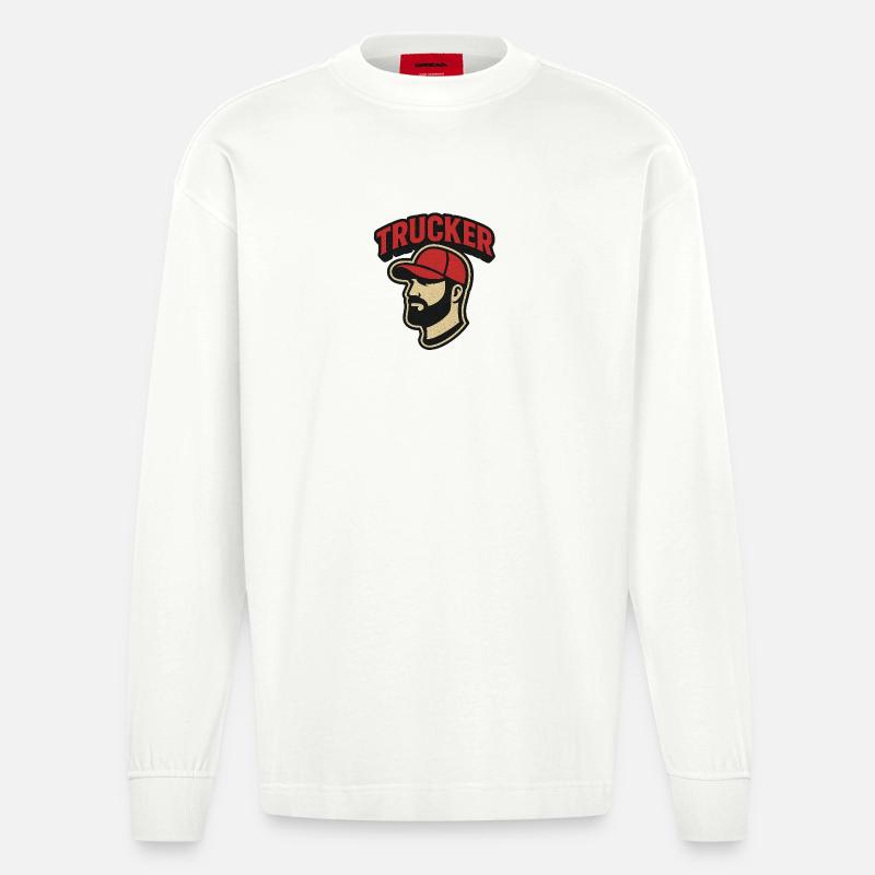 Trucker Kopf mit rotem Cap - Heavyweight Oversized Organic Langarmshirt Made in EU - OFF WHITE