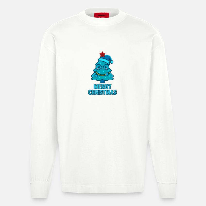 Blauer Comic-Weihnachtsbaum mit Brille - Heavyweight Oversized Organic Langarmshirt Made in EU - OFF WHITE