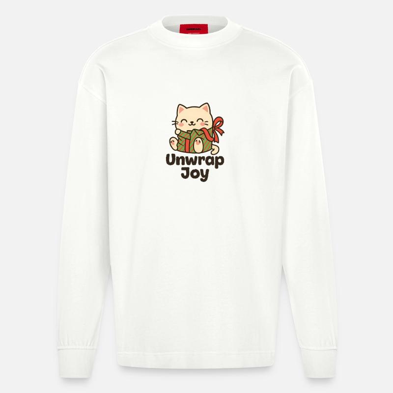 Katz mit Geschenk Unwrap Joy - Heavyweight Oversized Organic Langarmshirt Made in EU - OFF WHITE