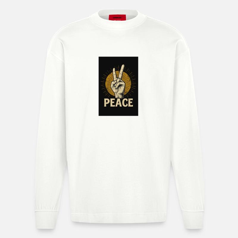 Peace Hand Retro Design - Heavyweight Oversized Organic Langarmshirt Made in EU - OFF WHITE