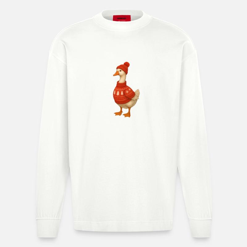 Gans im Strickpullover - Heavyweight Oversized Organic Langarmshirt Made in EU - OFF WHITE
