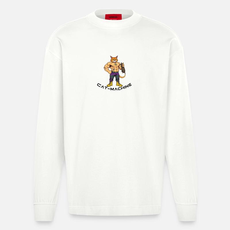 Katzenmuskelheld mit Maus - Heavyweight Oversized Organic Langarmshirt Made in EU - OFF WHITE