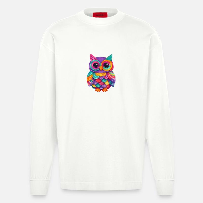 Patchwork Owl Magic - Heavyweight Oversized Organic Longsleeve Shirt Made in EU - OFF WHITE