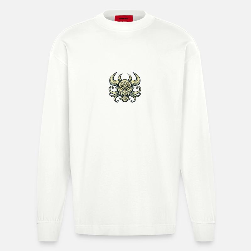Dämonischer Schädel mit Hörnern - Heavyweight Oversized Organic Langarmshirt Made in EU - OFF WHITE