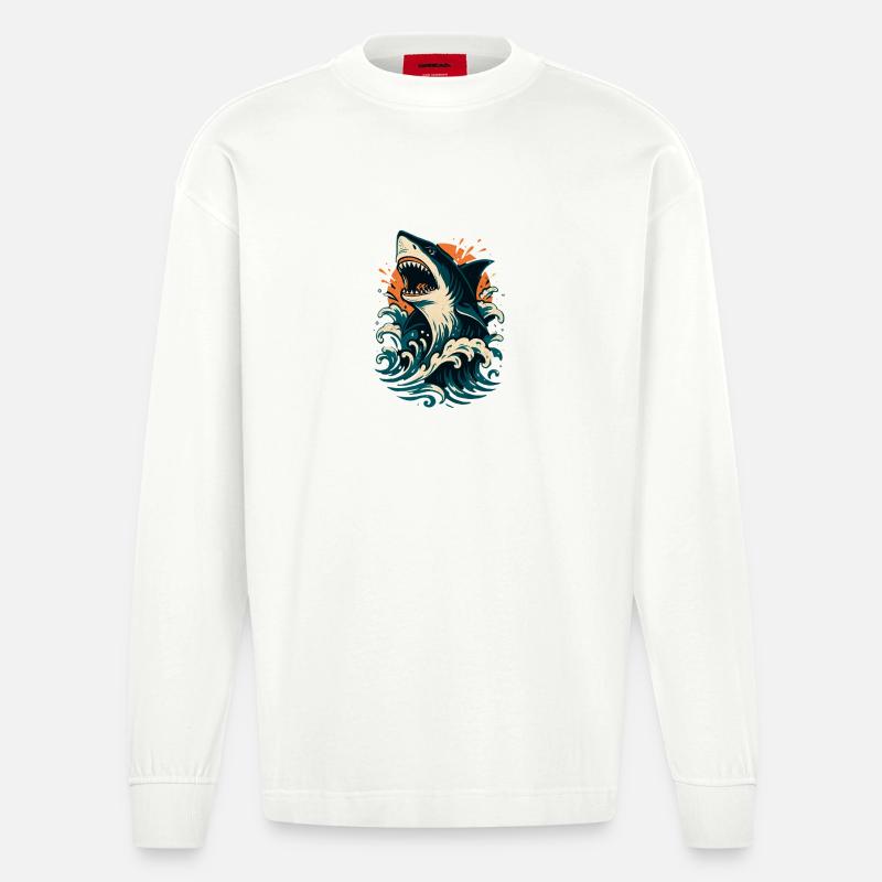 Shark roars through orange waves - Heavyweight Oversized Organic Longsleeve Shirt Made in EU - OFF WHITE