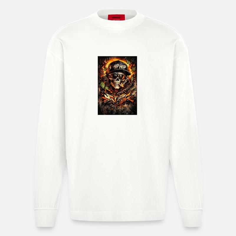 Hip Hop Fire Skull Graffiti - Manches longues bio épais oversize fabriqué en UE - OFF WHITE
