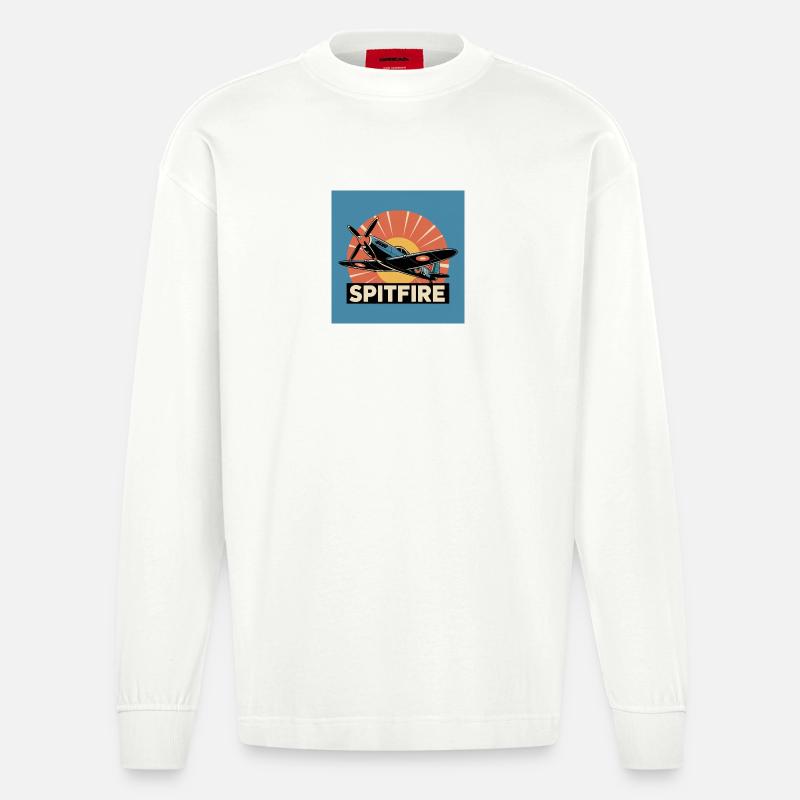 Spitfire Retro Aviation Print - Heavyweight Oversized Organic Langarmshirt Made in EU - OFF WHITE