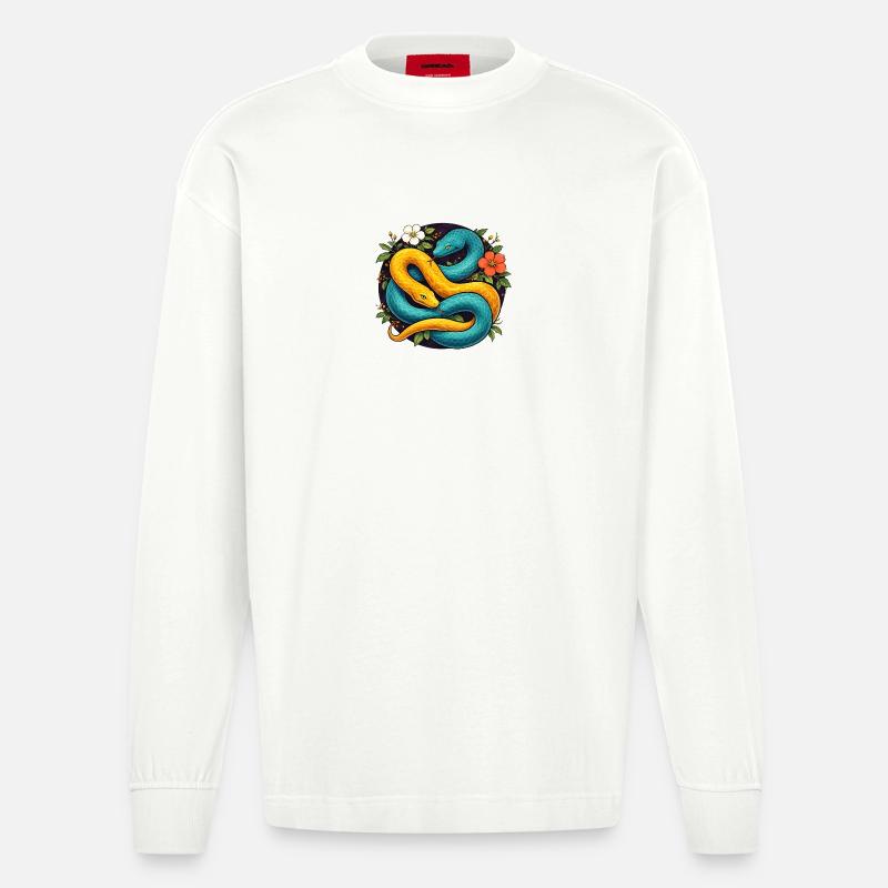 Deux serpents python dans l’anneau fleuri - Manches longues bio épais oversize fabriqué en UE - OFF WHITE