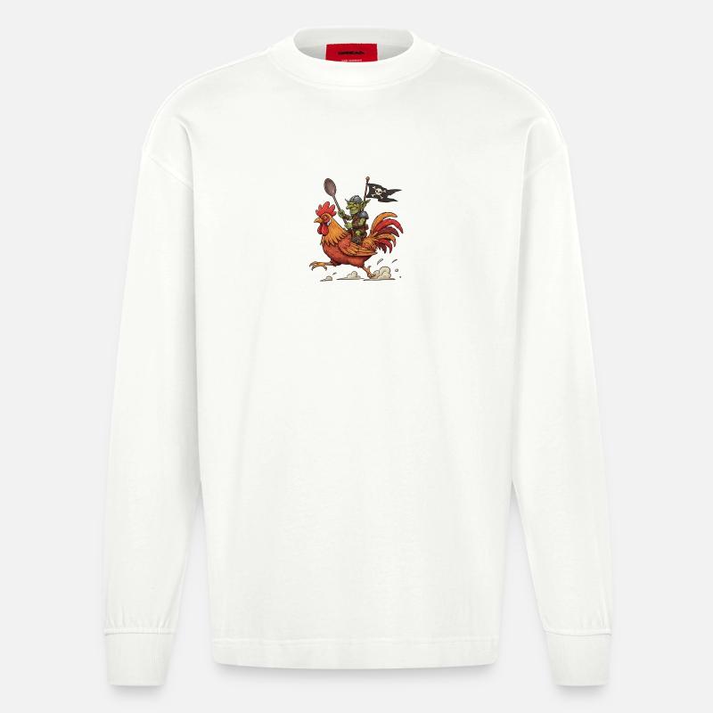 Koboldreiter auf einem Hahn - Heavyweight Oversized Organic Langarmshirt Made in EU - OFF WHITE