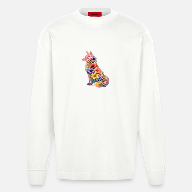 Fuchs Silhouette Blumen - Heavyweight Oversized Organic Langarmshirt Made in EU - OFF WHITE