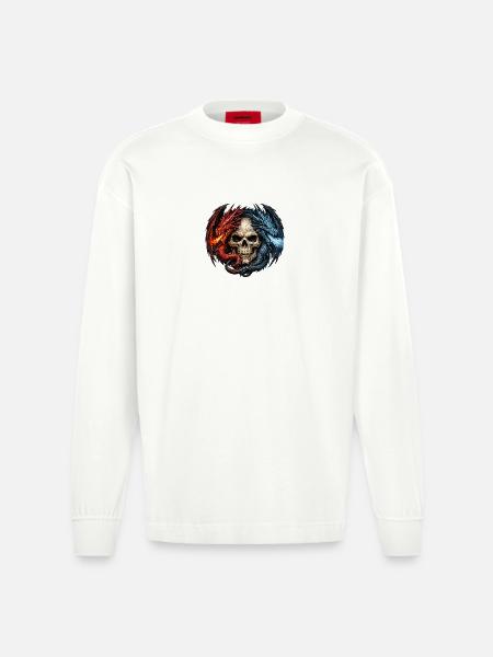 Feuer und Eis Drachen Schädel Totenkopf - Heavyweight Oversized Organic Longsleeve Shirt Made in EU - OFF WHITE