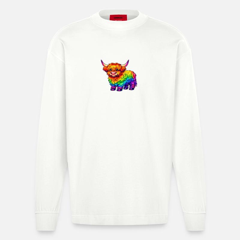 Lebendige Regenbogen-Highland-Kuh - Heavyweight Oversized Organic Langarmshirt Made in EU - OFF WHITE