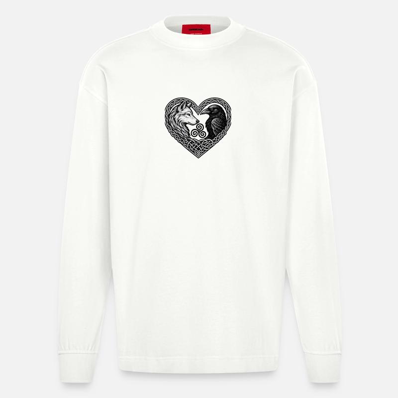 Celtic Heart: Wolf und Krähe - Heavyweight Oversized Organic Langarmshirt Made in EU - OFF WHITE