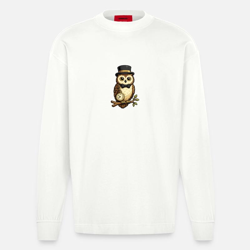 Eulen Gentleman mit Uhr und Hut - Heavyweight Oversized Organic Langarmshirt Made in EU - OFF WHITE