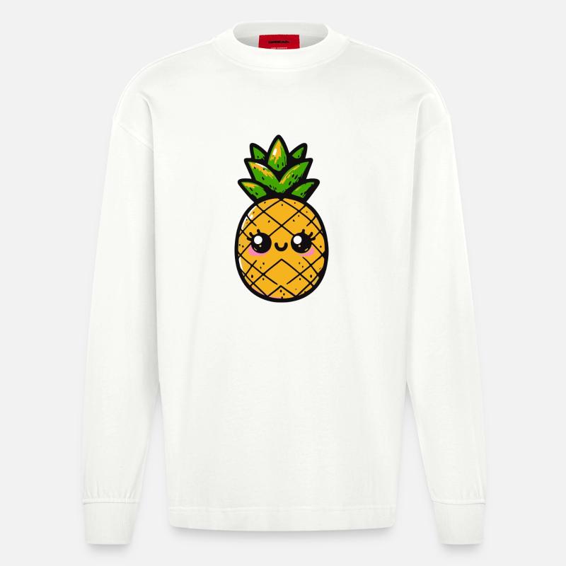 Ananas kawaii avec feuillage vert - Manches longues bio épais oversize fabriqué en UE - OFF WHITE