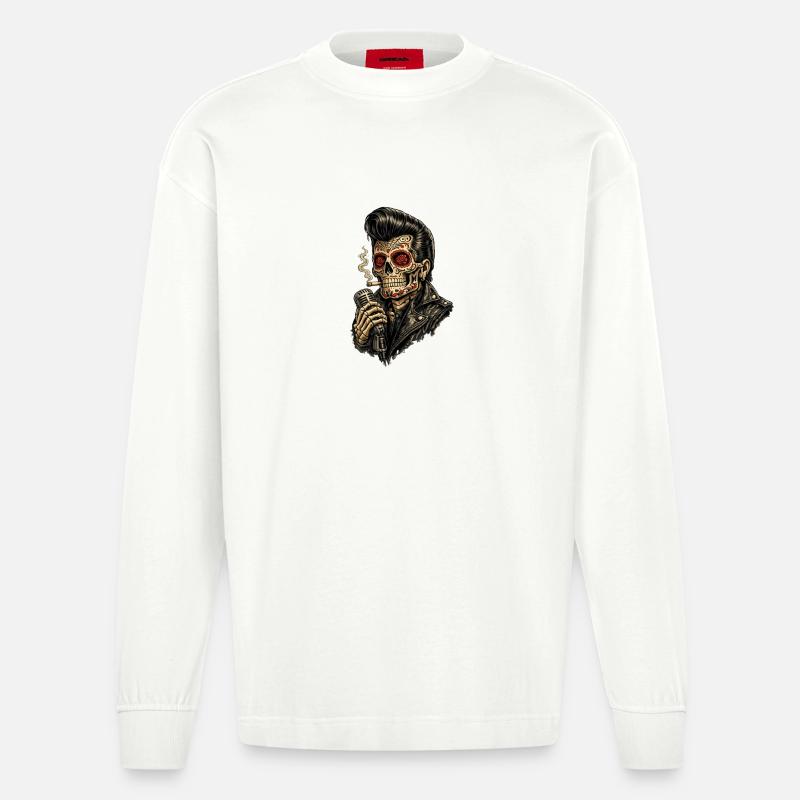 Skeleton Sugar Skull Rockabilly Microphone - Heavyweight Oversized Organic Longsleeve Shirt Made in EU - OFF WHITE