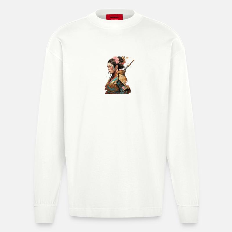 Geisha-Kriegerin mit Kirschblüten - Heavyweight Oversized Organic Langarmshirt Made in EU - OFF WHITE