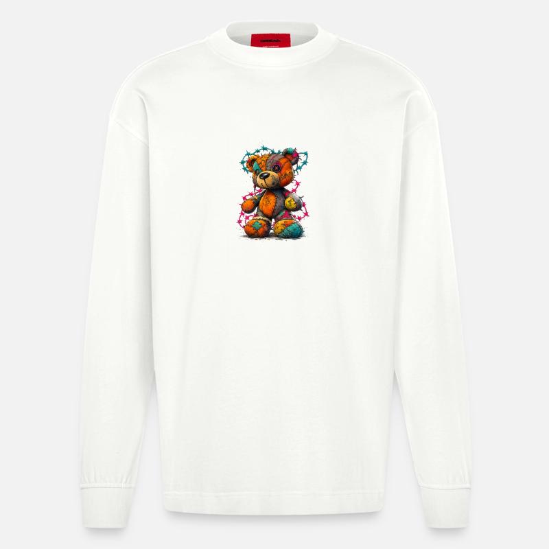 Patchwork Teddybär mit Neonfäden - Heavyweight Oversized Organic Langarmshirt Made in EU - OFF WHITE