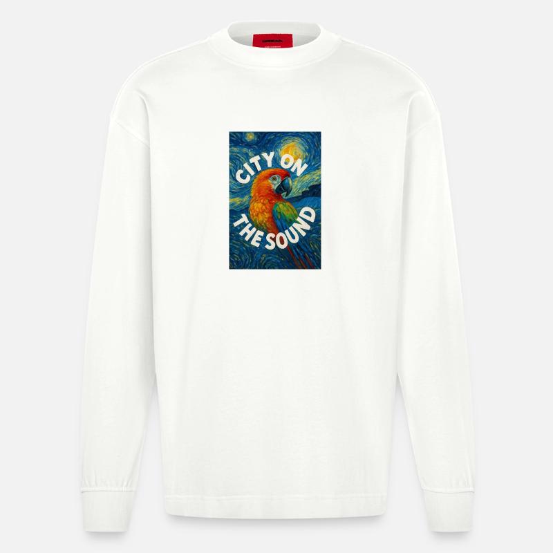 Vibrant_Macaw_Amidst_Swirling_Post-Impressionis - Manches longues bio épais oversize fabriqué en UE - OFF WHITE