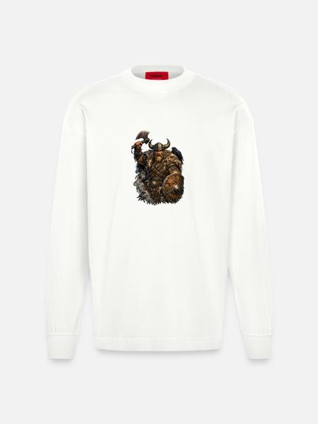 Viking with axe and shield - Heavyweight Oversized Organic Longsleeve Shirt Made in EU - OFF WHITE