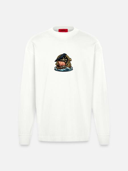 Raven Rudder Viking Ship Emblem - Heavyweight Oversized Organic Longsleeve Shirt Made in EU - OFF WHITE