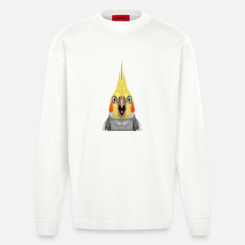 Estampe pop expressive de calopsitte - Manches longues bio épais oversize fabriqué en UE - OFF WHITE