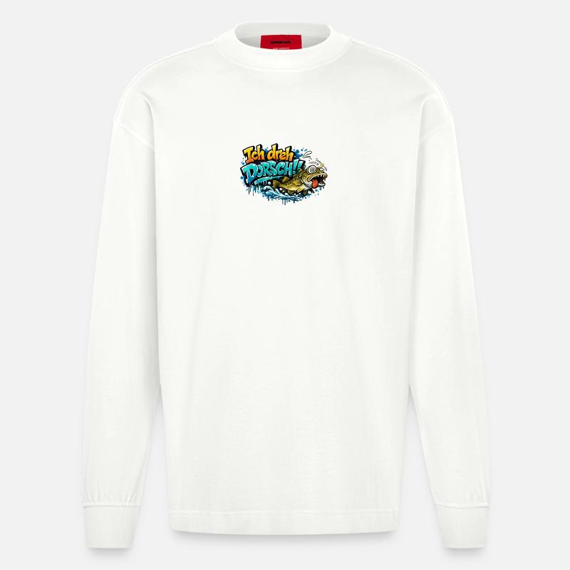 I Shoot Cod Graffiti Fish - Heavyweight Oversized Organic Longsleeve Shirt Made in EU - OFF WHITE