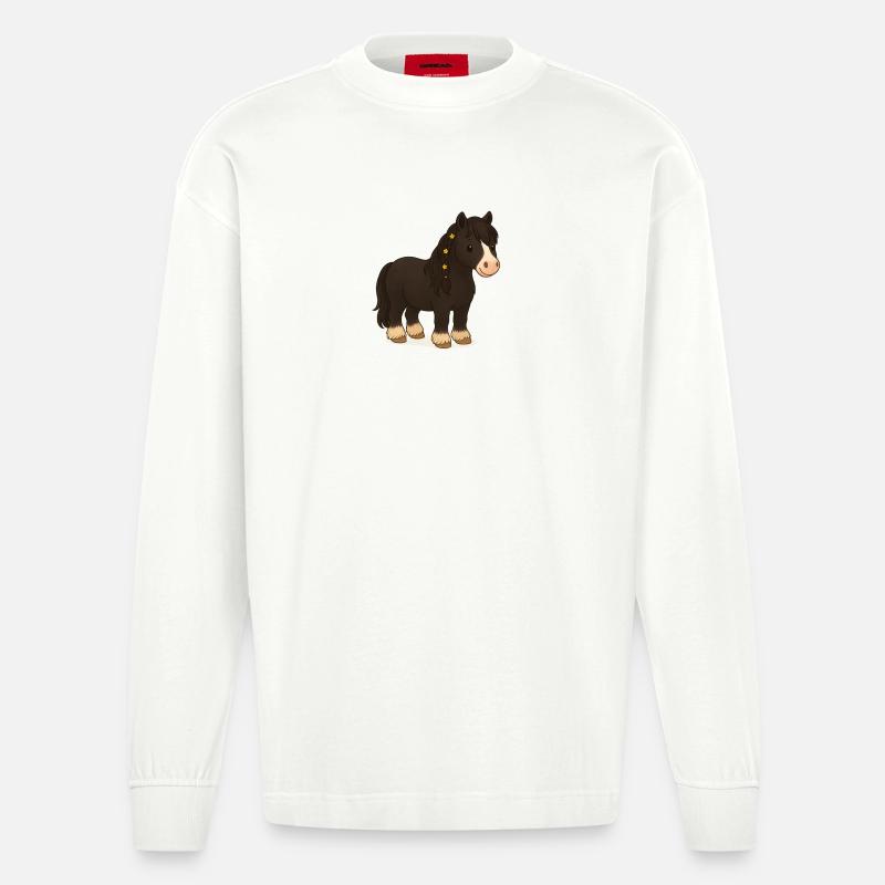 Schwarze Tinker Stute Katy mit Blumenbraid - Heavyweight Oversized Organic Langarmshirt Made in EU - OFF WHITE