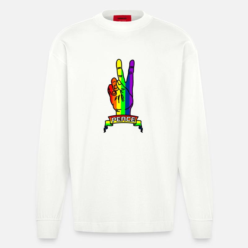 Regenbogen Friedenslogo Hand mit Friedenszeichen - Heavyweight Oversized Organic Langarmshirt Made in EU - OFF WHITE