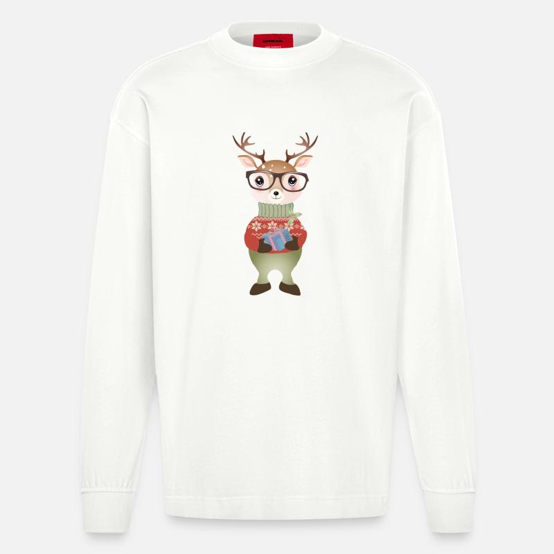 niedlicher Hirsch mit Weihnachtsgeschenk & Brille - Heavyweight Oversized Organic Langarmshirt Made in EU - OFF WHITE