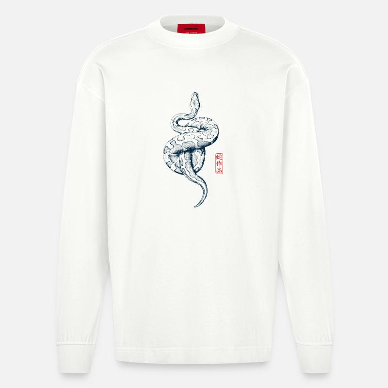 Python avec tampon kanji - Manches longues bio épais oversize fabriqué en UE - OFF WHITE