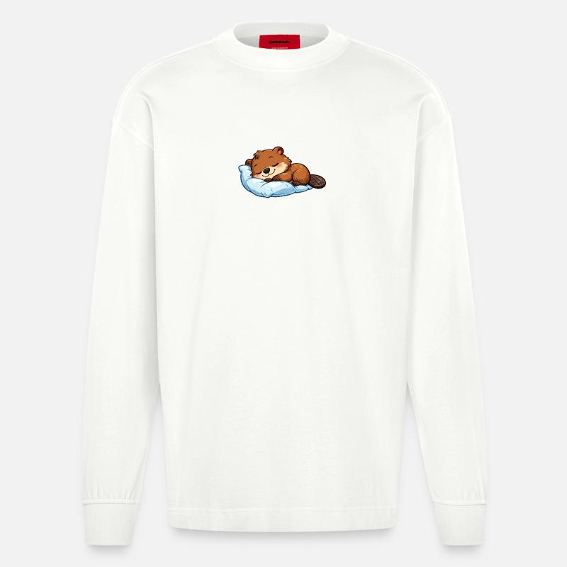 Nukkuva majava sinisellä tyynyllä - Heavyweight Oversized Organic pitkähihainen paita Made in EU - OFF WHITE