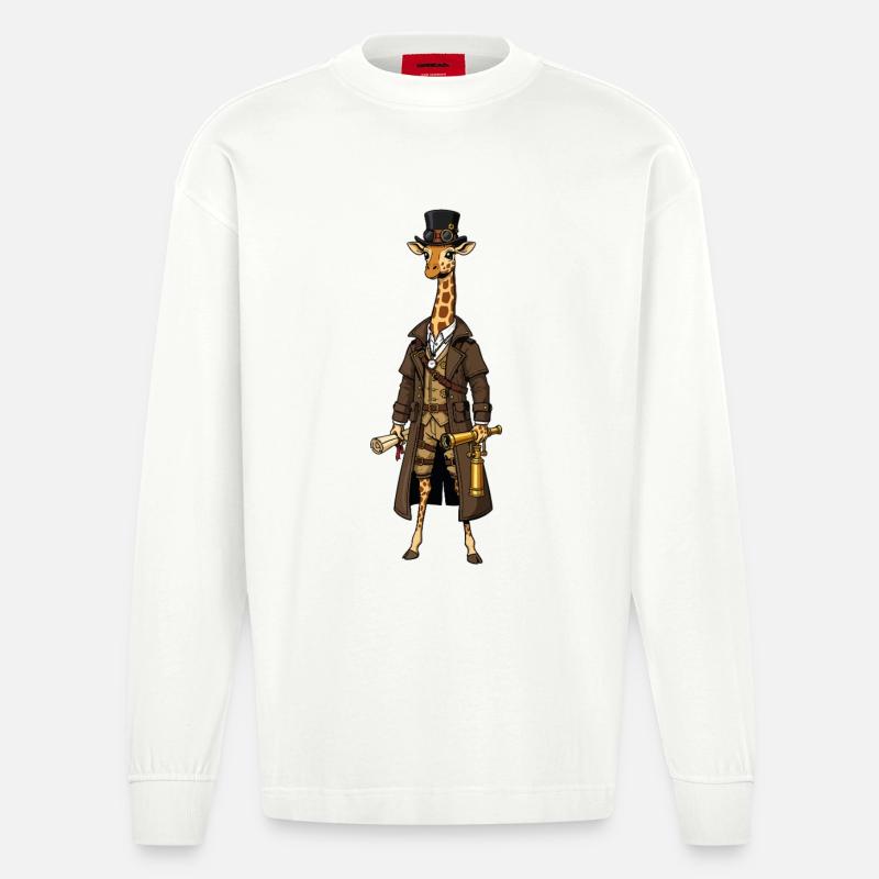 Giraffe Explorer Steampunk Chic Zylinder - Heavyweight Oversized Organic Langarmshirt Made in EU - OFF WHITE