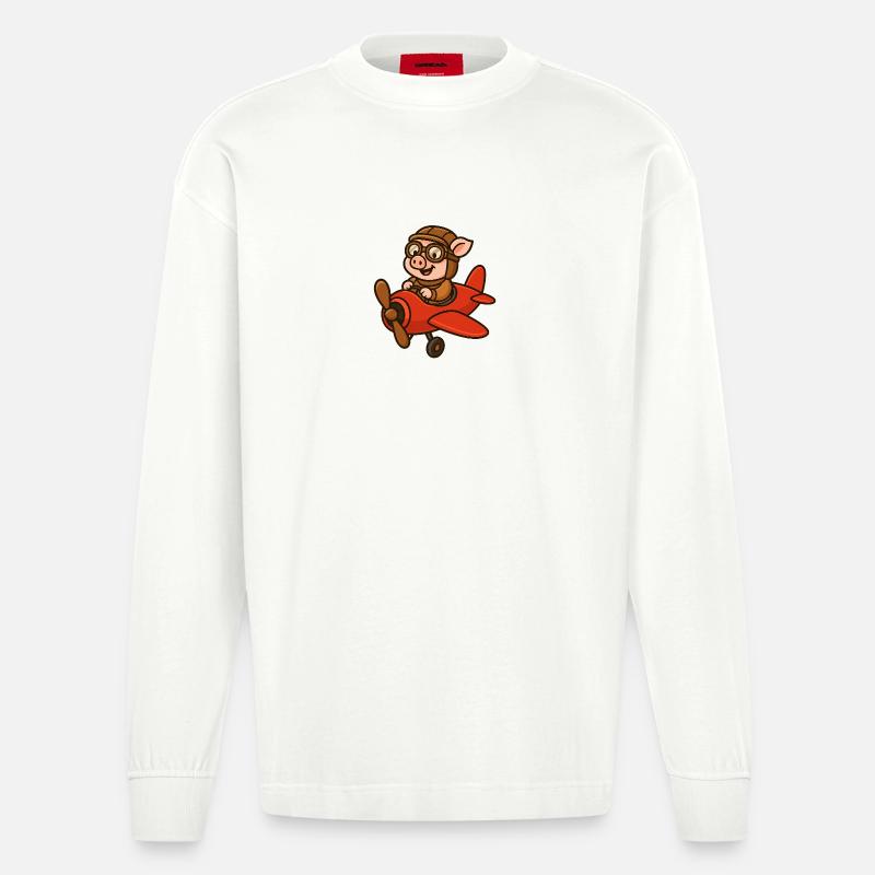Ausdrucksstarker Schweinepilot im Retro-Stil - Heavyweight Oversized Organic Langarmshirt Made in EU - OFF WHITE
