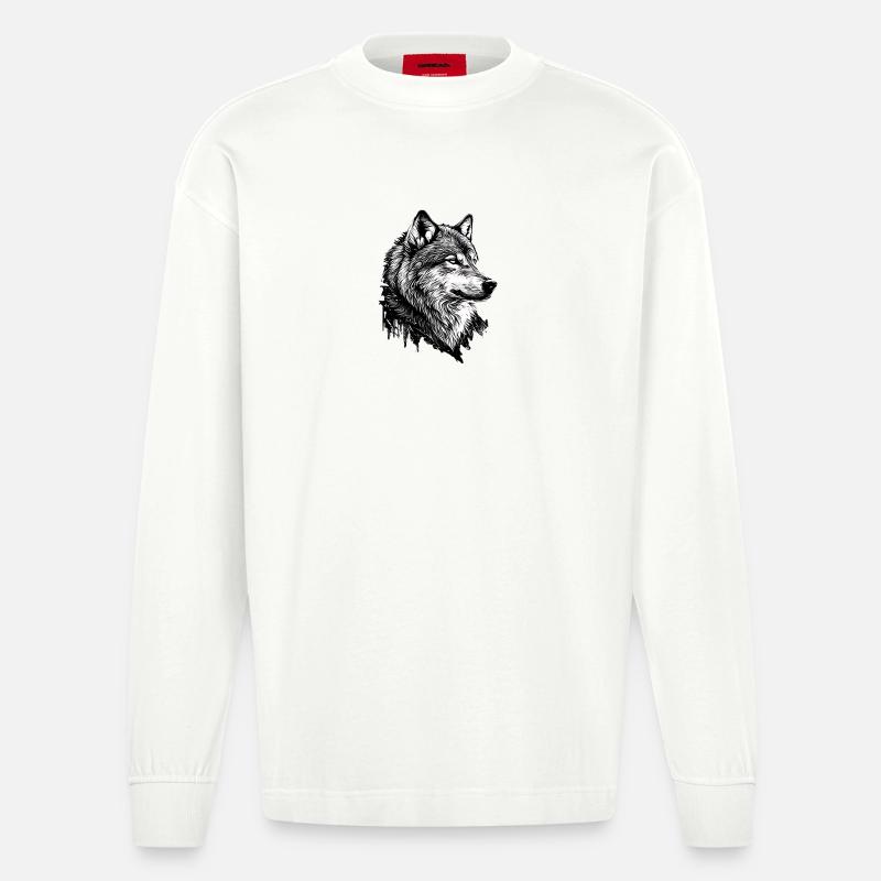 Monochromer Wolf Linienkunst - Heavyweight Oversized Organic Langarmshirt Made in EU - OFF WHITE