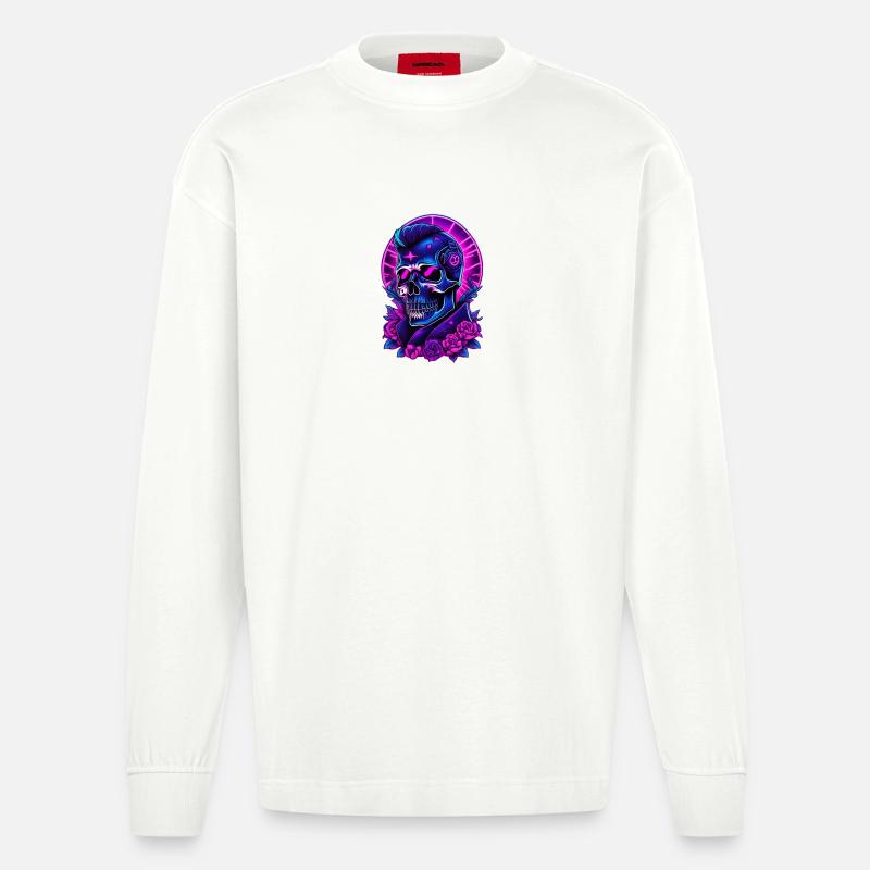 Neon Gothic Skull mit Kopfhörern - Heavyweight Oversized Organic Langarmshirt Made in EU - OFF WHITE