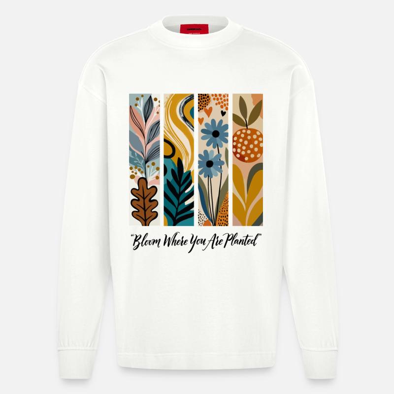 Blühende Botanische Panel-Collage - Heavyweight Oversized Organic Langarmshirt Made in EU - OFF WHITE