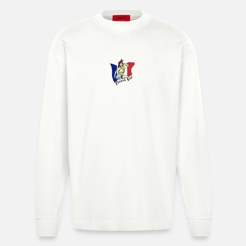 Frankreich Mädchen Flaggen Design - Heavyweight Oversized Organic Langarmshirt Made in EU - OFF WHITE