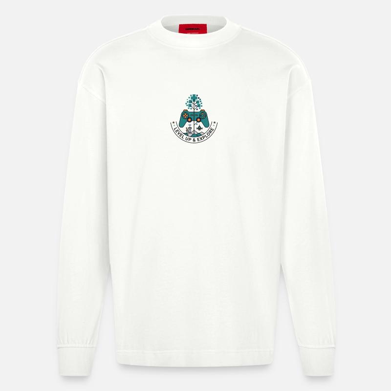 Level Up & Explore Badge - Heavyweight Oversized Organic Langarmshirt Made in EU - OFF WHITE