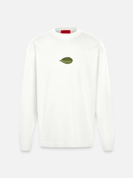 Leaf Structure Olive Green Pattern - Heavyweight Oversized Organic Longsleeve Shirt Made in EU - OFF WHITE