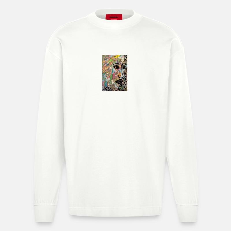 Visage abstrait en profil - Manches longues bio épais oversize fabriqué en UE - OFF WHITE