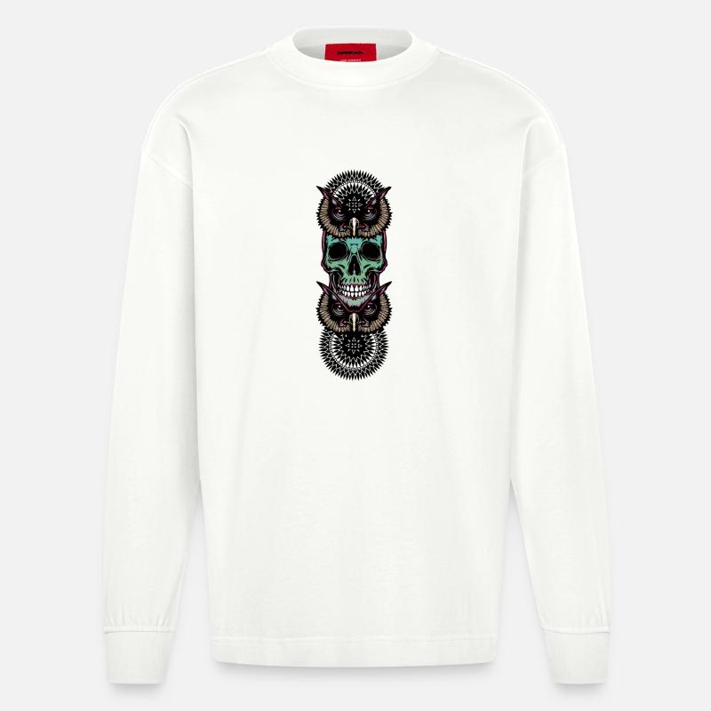 Totenkopf mit Eule - Heavyweight Oversized Organic Langarmshirt Made in EU - OFF WHITE