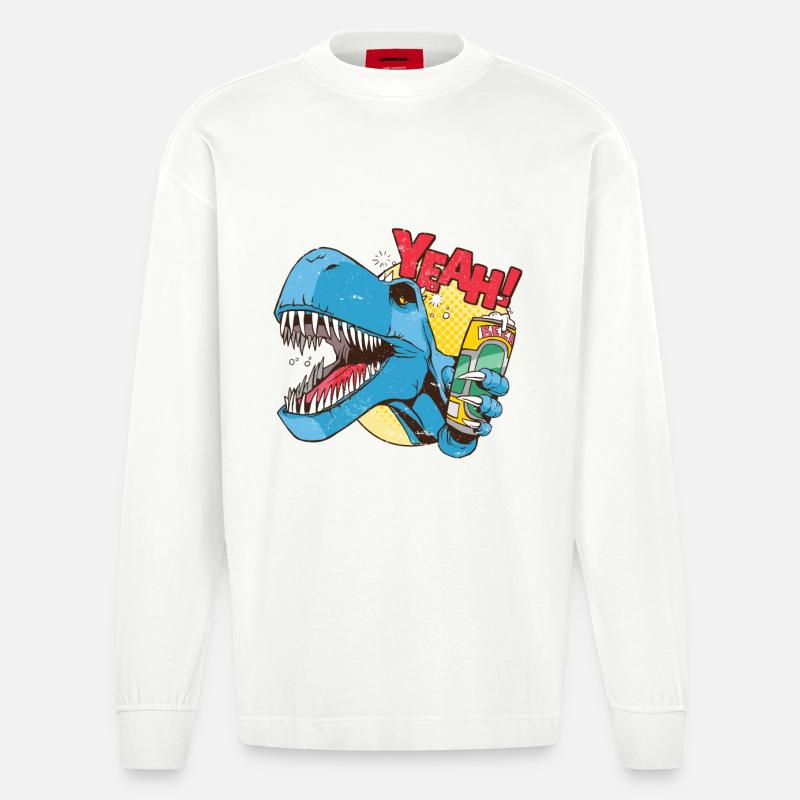 T-Rex mit Bierdose - Heavyweight Oversized Organic Langarmshirt Made in EU - OFF WHITE
